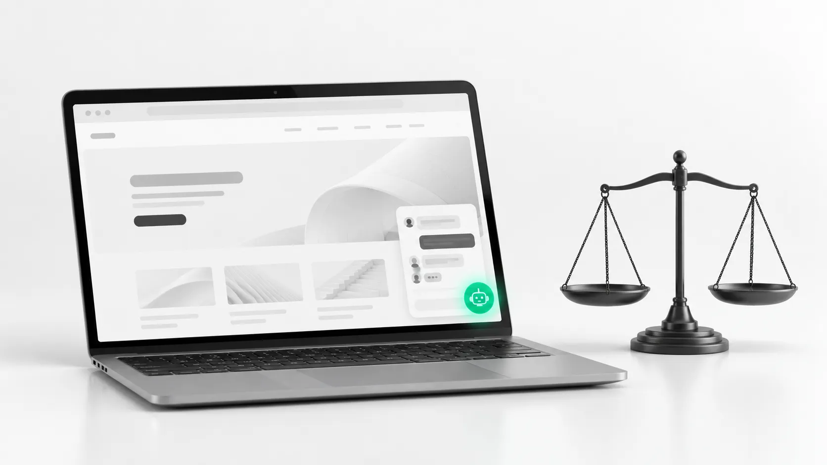 Un portàtil amb un xat obert i un distintiu verd que l'identifica com a intel·ligència artificial, al costat d'una petita balança: el que la llei d'IA exigeix al web de la teva empresa