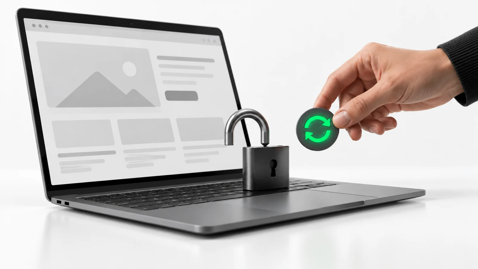 Un portátil con una web abierta y un candado abierto sobre el teclado, junto a una mano que acerca una pequeña ficha verde de actualización: la vulnerabilidad crítica de PHP (PHP2Shell) y la actualización que protege la web.