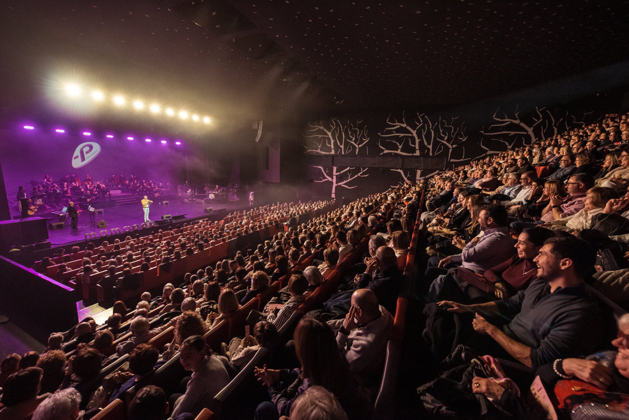 Teatro de La Llotja de Lleida lleno durante el concierto solidario Mamapop, con la orquesta en el escenario