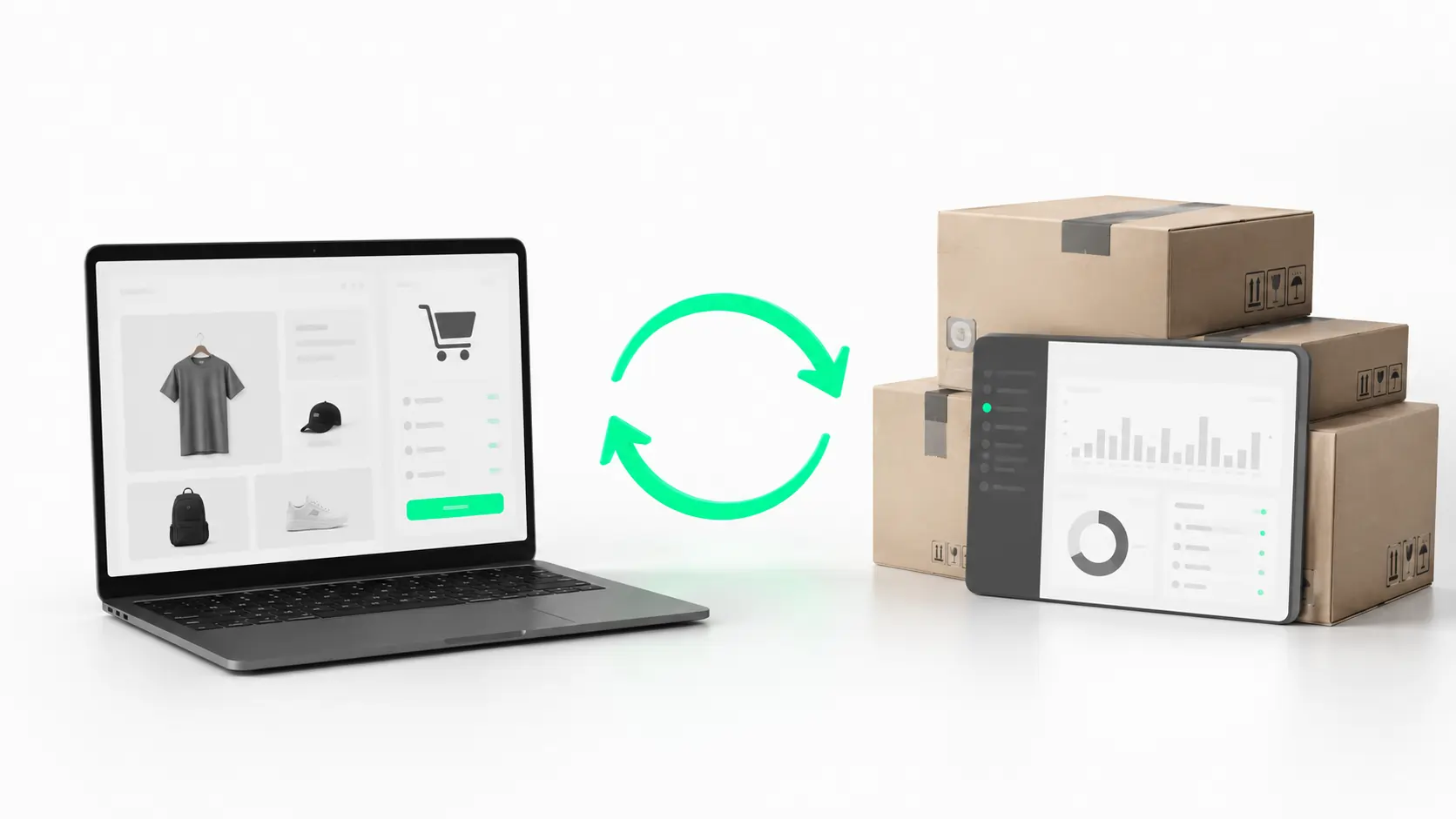 Una tienda online y un sistema de gestión conectados por flechas de sincronización: integrar tu tienda online con tu ERP