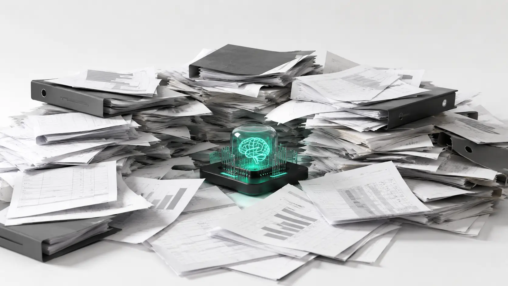 Un element d'IA intentant treballar sobre una pila caòtica de documents i fulls de càlcul: per què la IA a la teva empresa no funciona si les teves dades són un caos